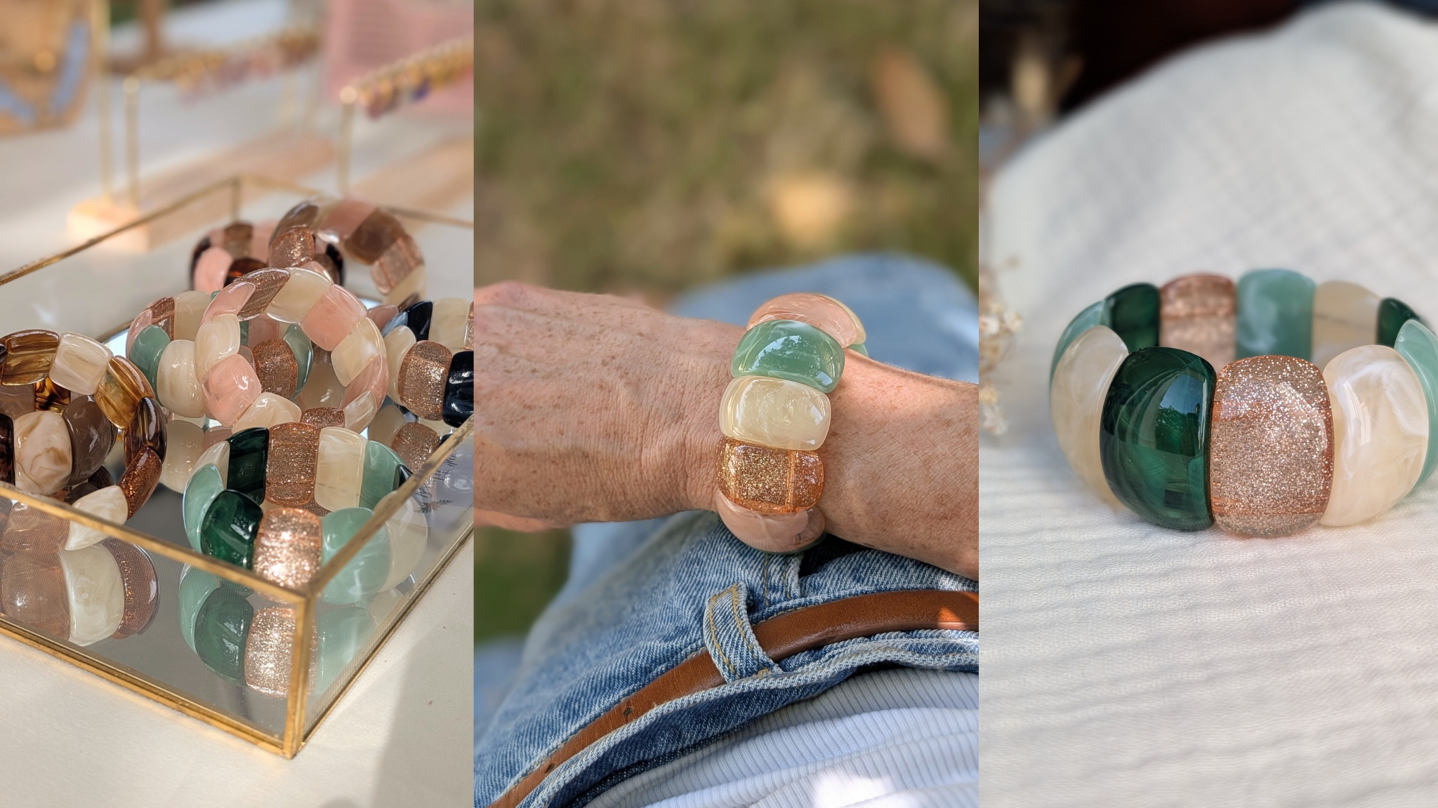 Bracelet manchette Ysée plusieurs coloris posés et porteavec un short en jean. Créations artisanales La Tête dans les Nétoiles. Bijoux et accessoires cheveux pour femme et enfant 