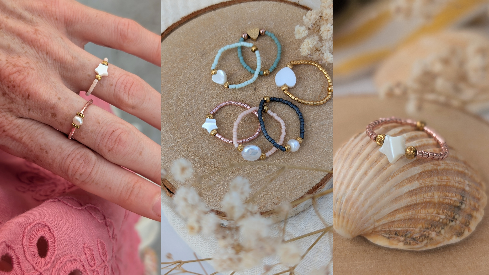 montage photo pour bannière du site bague élastique perles miyuki et nacre