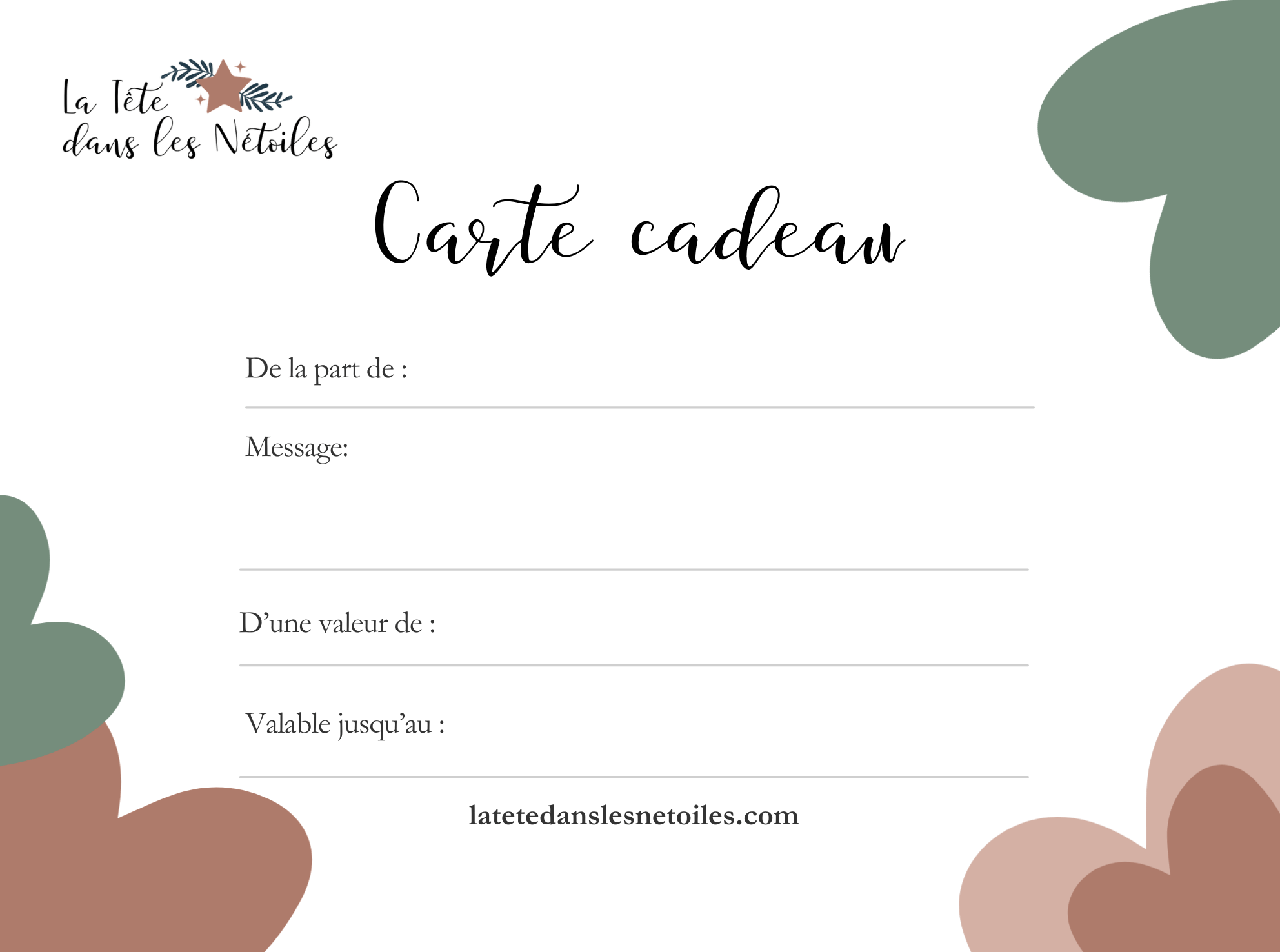 Carte cadeau La Tête dans les Nétoiles bijoux et accessoires cheveux pour femme et enfant montant au choix valable 6 mois