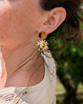 Boucles d'oreilles Soline écaille de tortue et pendentif soleil portées par une femme. Création La Tête dans les Nétoiles