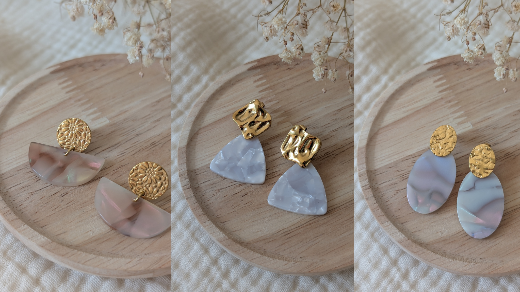 Boucles d'oreilles assemblées à la main. La Tête dans les nétoiles. Bijou en acier inoxydable doré et acétate de cellulose. 