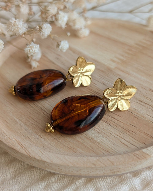 Boucles pendantes jeannette couleur ambre marbré La Tete dans les Netoiles créations artisanales