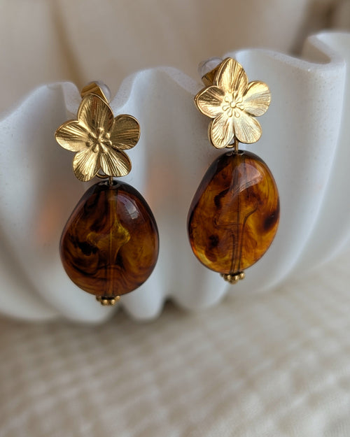 Boucles d'oreilles pendantes Jeannette couleur ambre marbré La Tête dans les Nétoiles créations artisanales