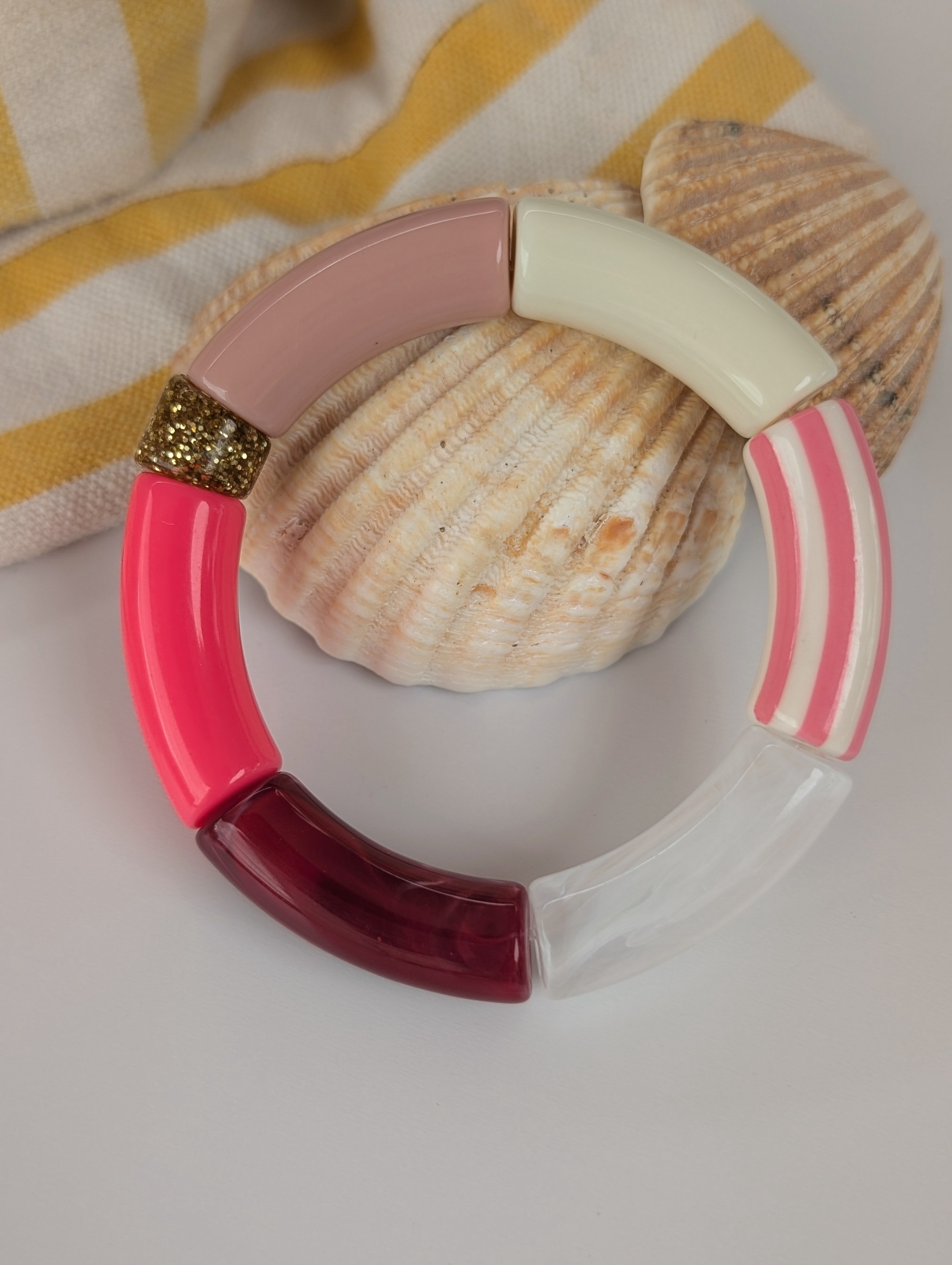 Bracelet perles tube rayures MONA tons de rose