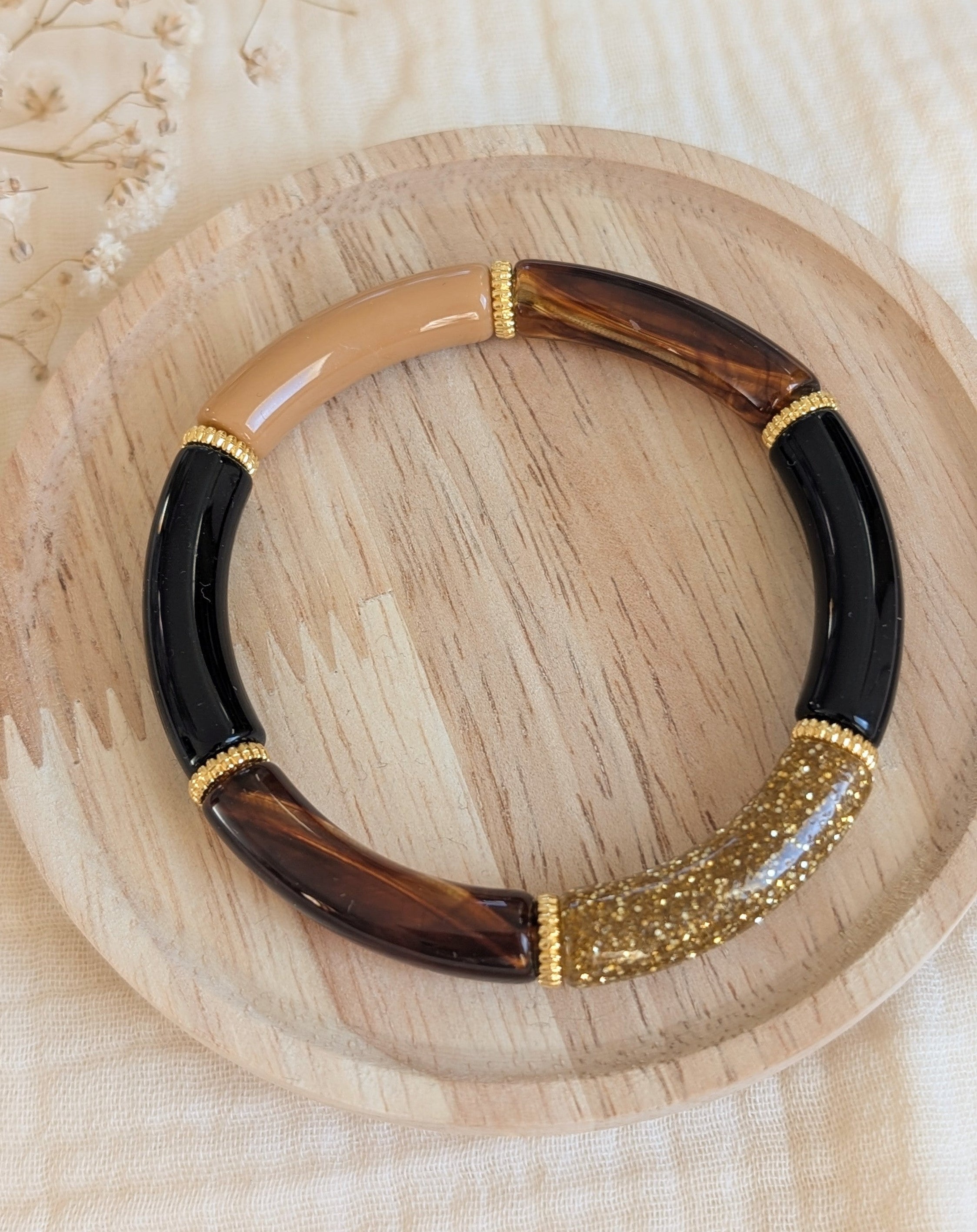 Bracelet perles tube Lison noir caramel loupe glitter création artisanale la Tete dans les Nétoiles 