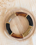 Bracelet perles tube Marie noir caramel loupe support en bois Créations bijoux la Tête dans les Nétoiles 