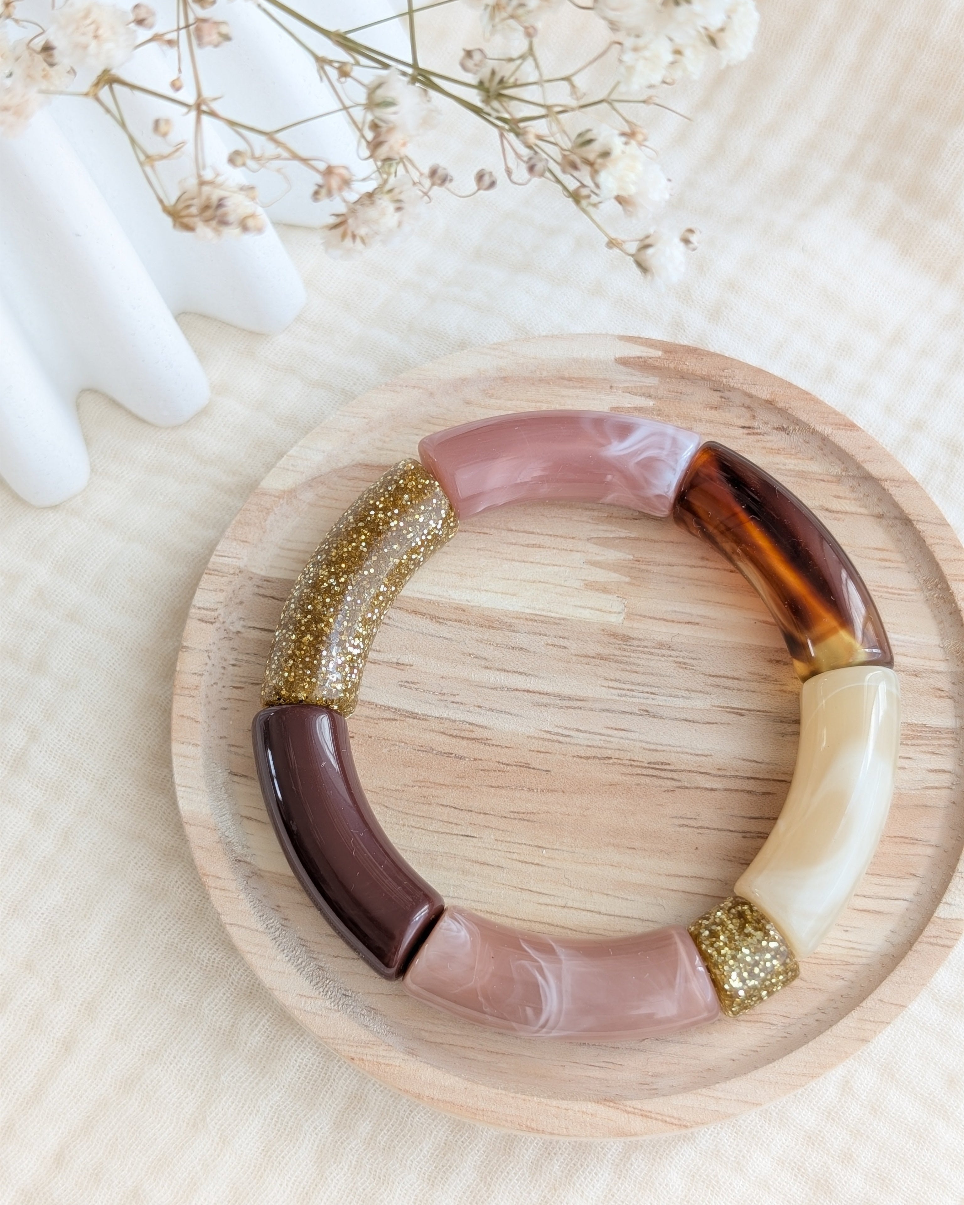 Bracelet perles tube terracotta marron glitter paillettes dorées. Créations La Tête dans les Nétoiles