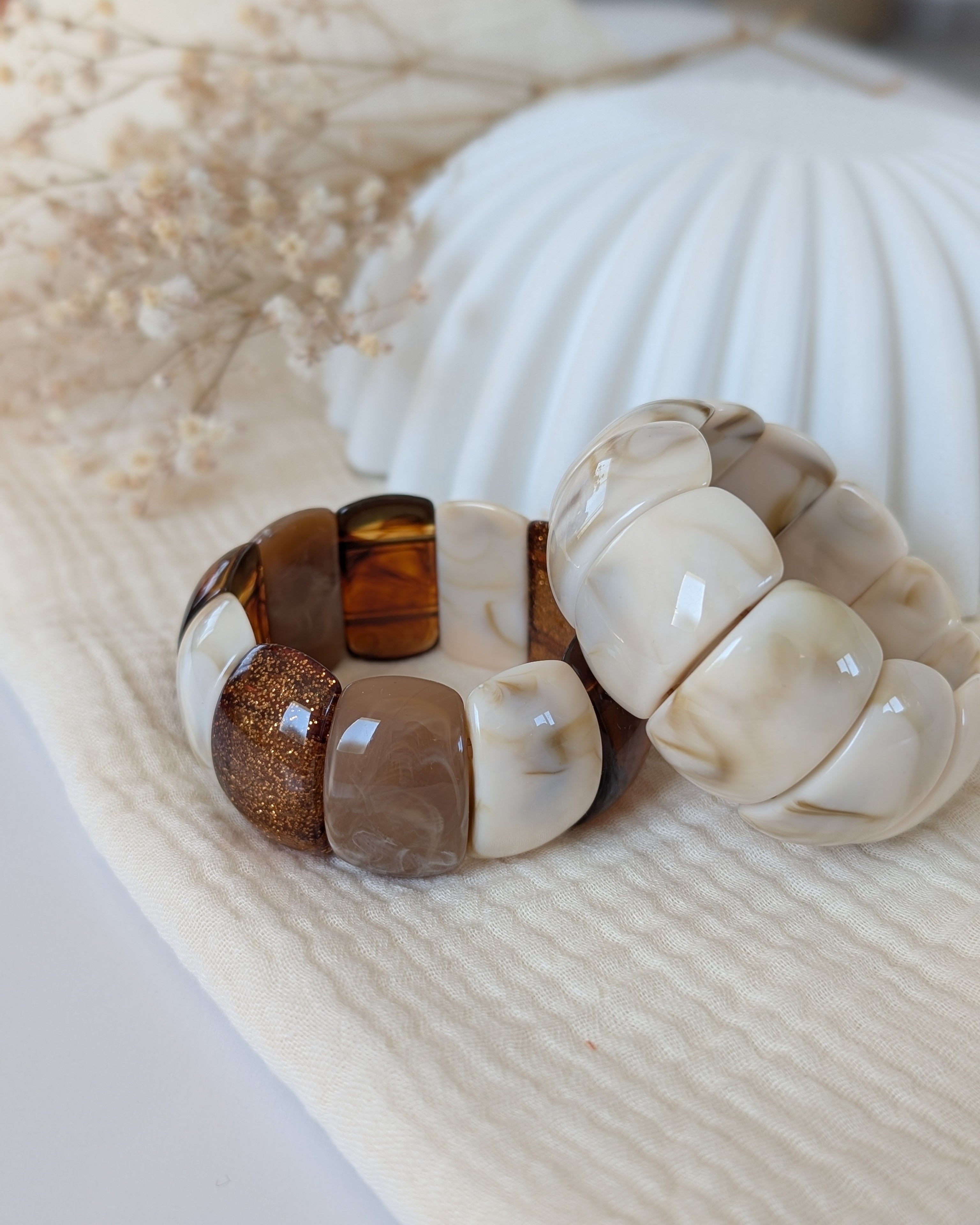 duo de bracelets Ysée nuances de marron et nougat marbré. Créations La Tête dans les Nétoiles
