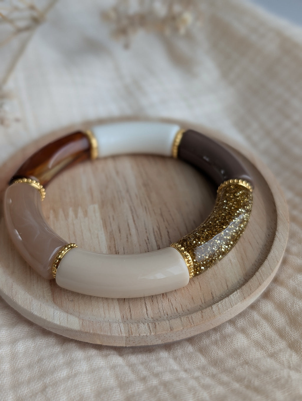 Bracelet perles tube MARIE mocca beige marbré et glitter doré