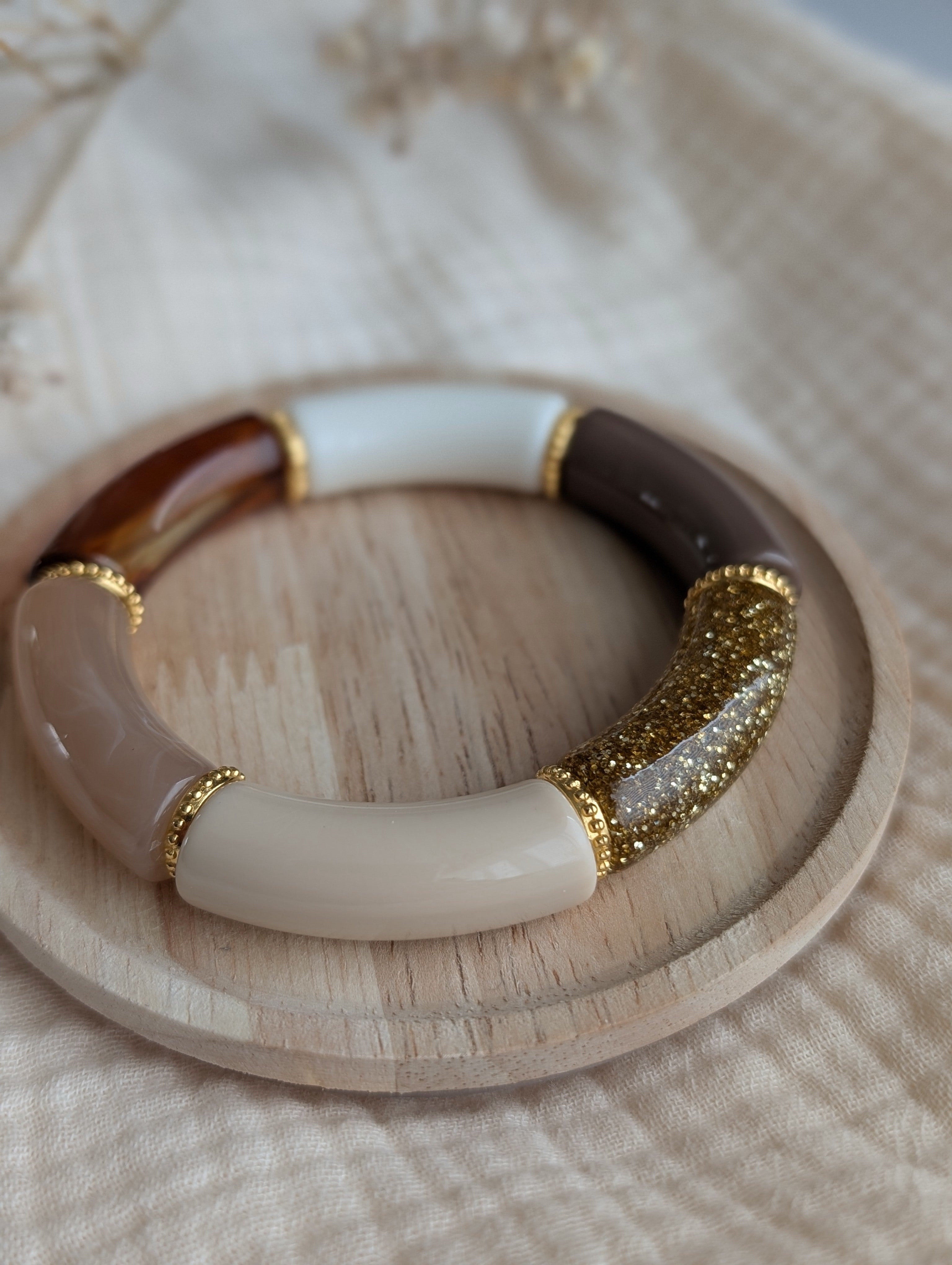 Bracelet perles tube MARIE mocca beige marbré et glitter