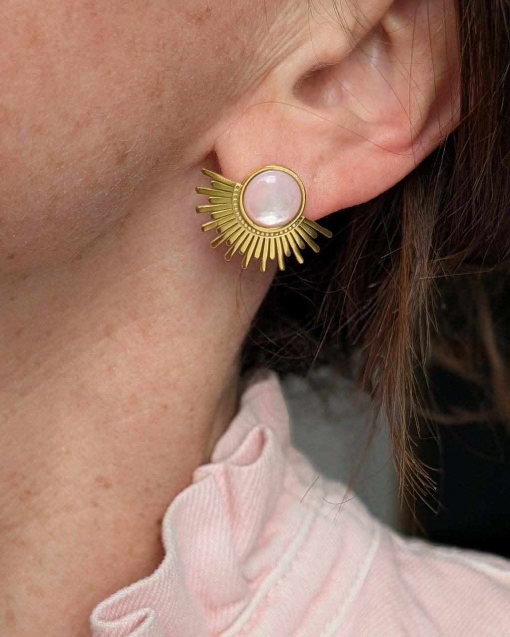 Boucles d'oreilles ELO soleil en acier et nacre rosé