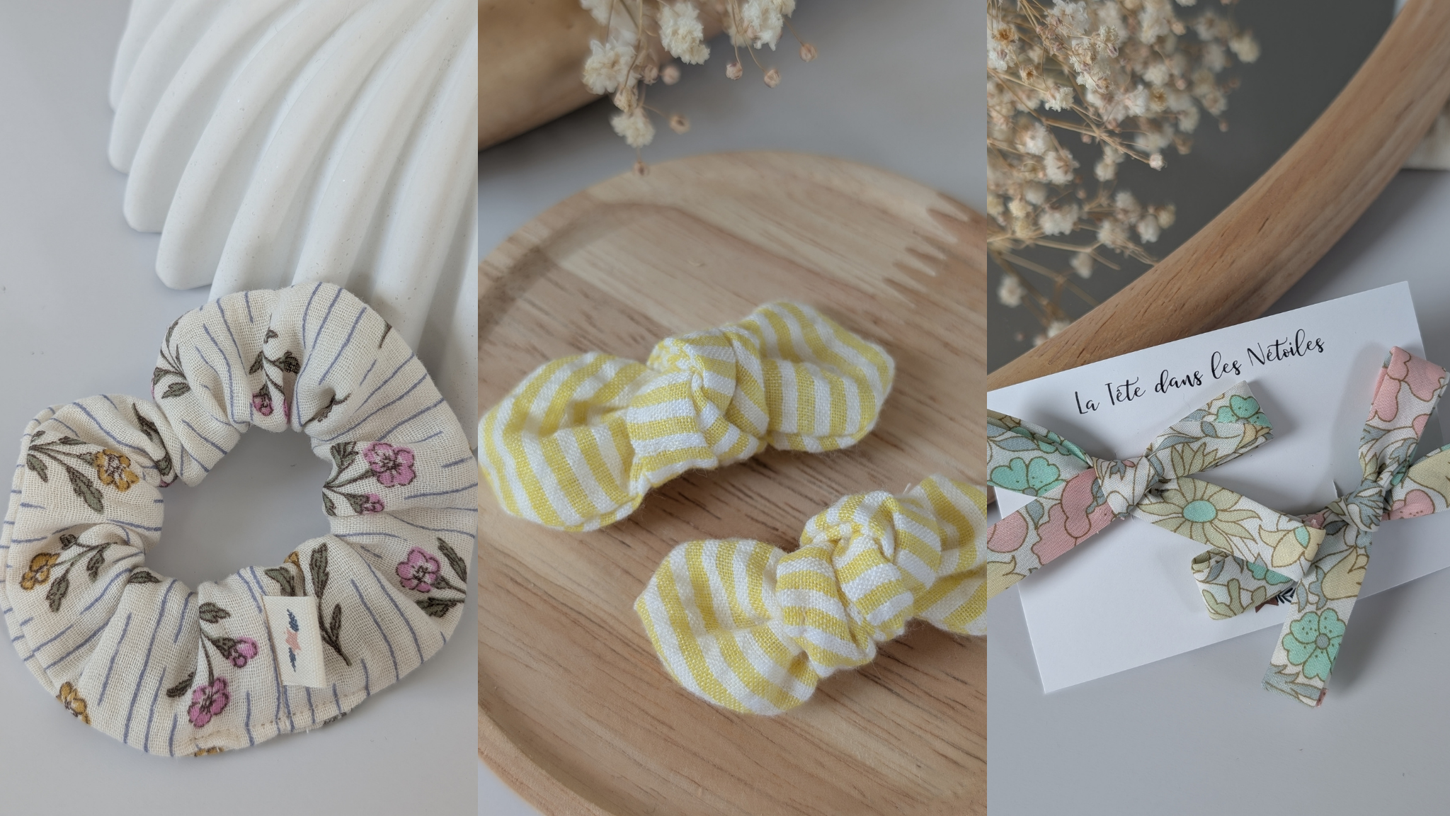 Accessoires cheveux pour femme et enfant cousus main la Tête dans les nétoiles. Chouchou barrette pour bébé barrette tissu liberty