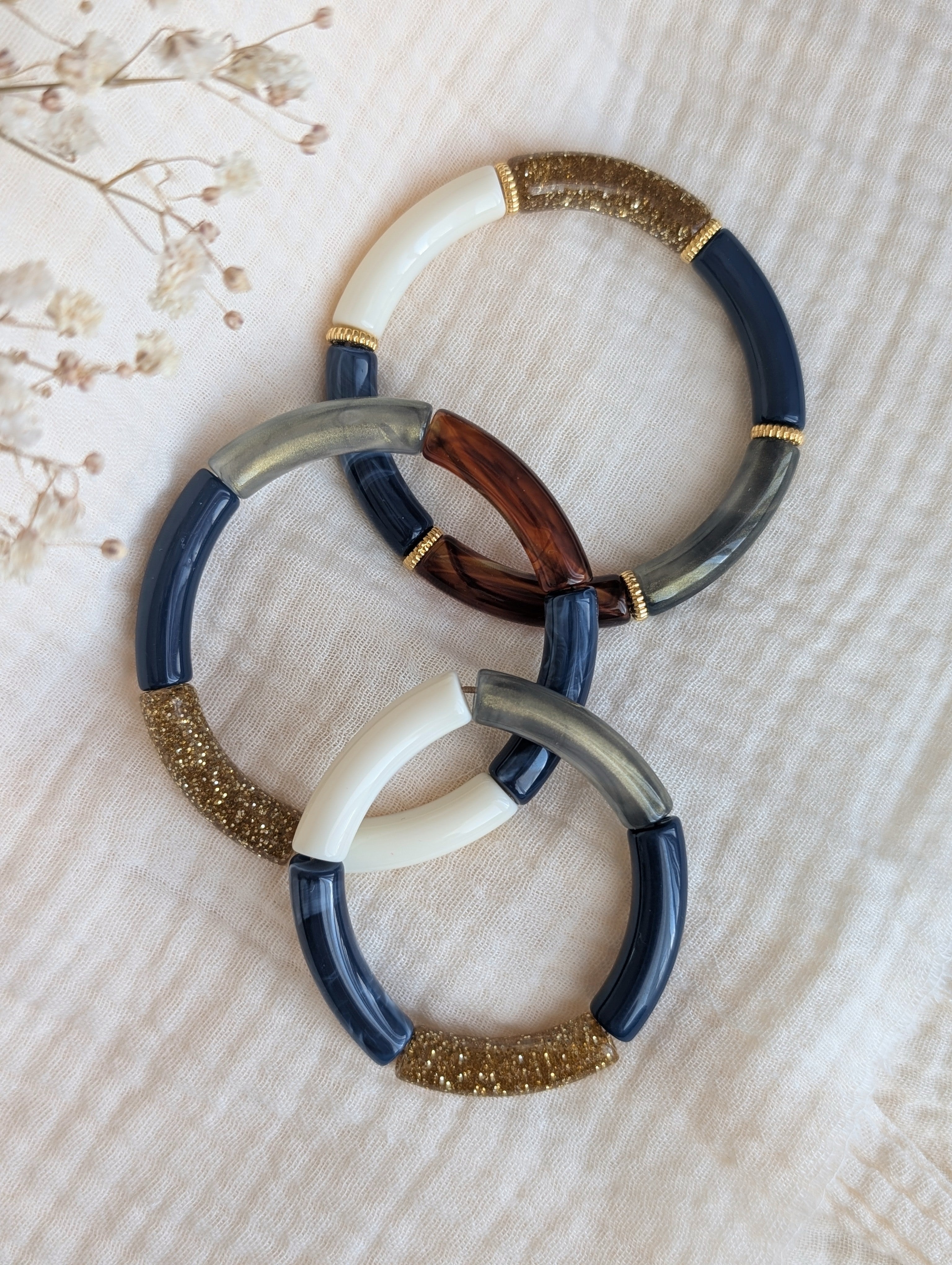 Trio de bracelets perles tube tons bleu. Bracelet LISA Bracelet LISON Bracelet version enfant MINI LISA . Créations La Tête dans les Nétoiles