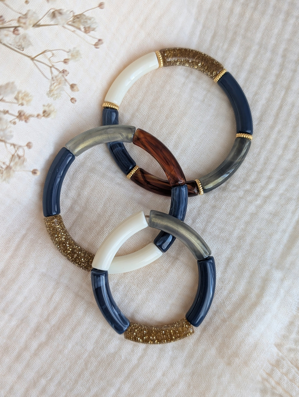 Trio de bracelets perles tube tons de bleu. taille enfant et taille adulte. Bracelet LISA bracelet LISON et bracelet mini Lisa. Créations La Tête dans les Nétoiles