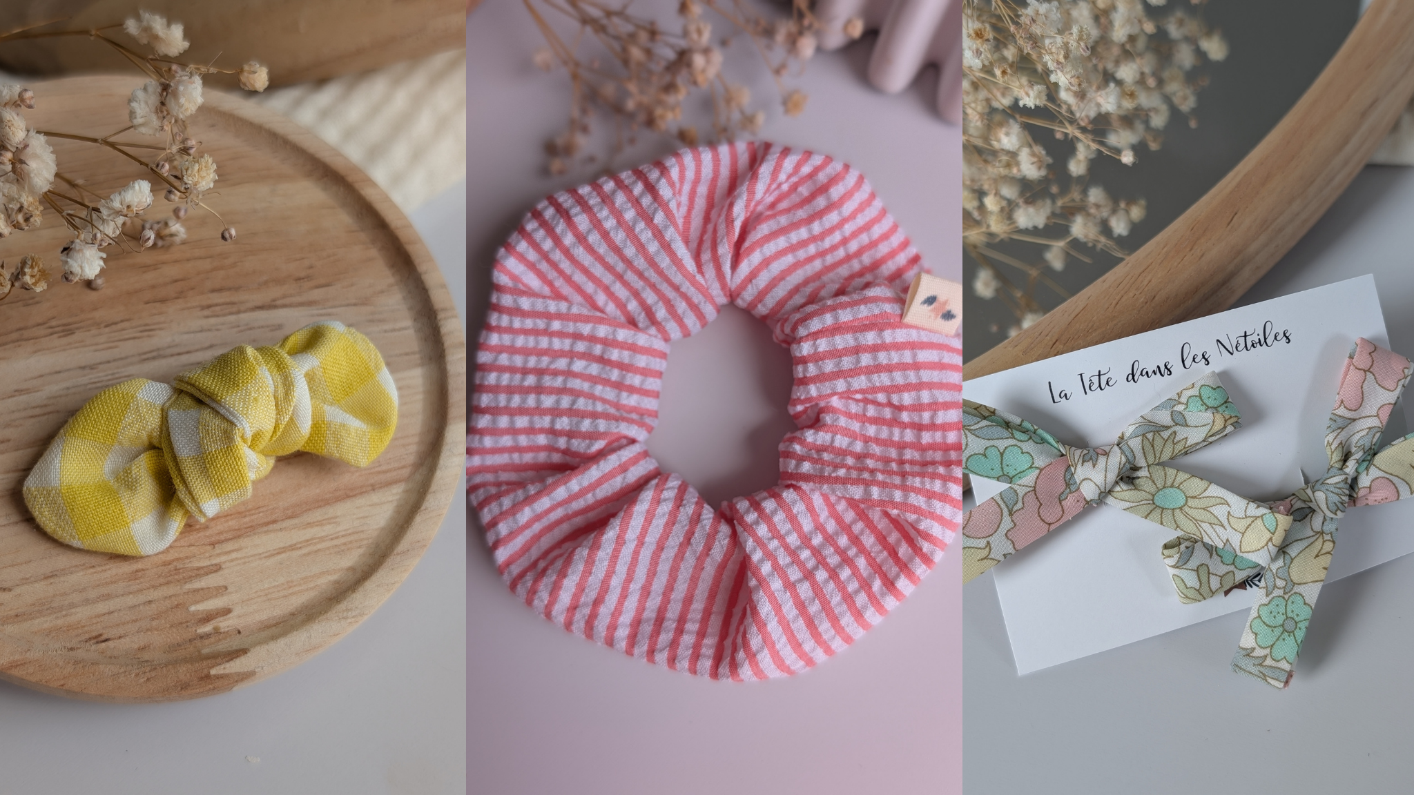 accessoires cheveux fait main pour femme et enfant. Créations cousues mains La Tête dans les Nétoiles. Barrette tissu liberty, barrette noeud cheveux chouchou