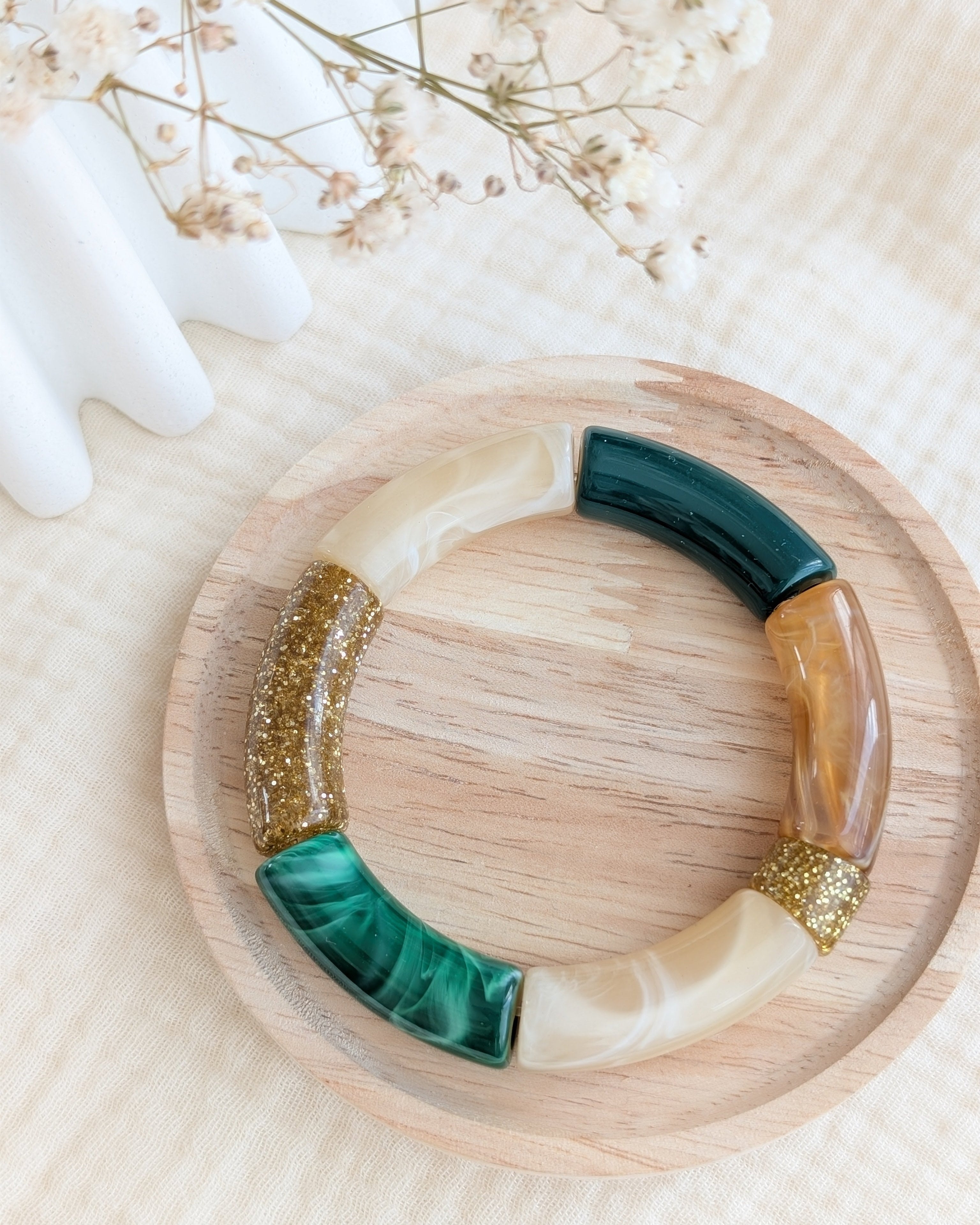 bracelet perle tube MONA vert et ambré clair Création La Tête dans les nétoiles