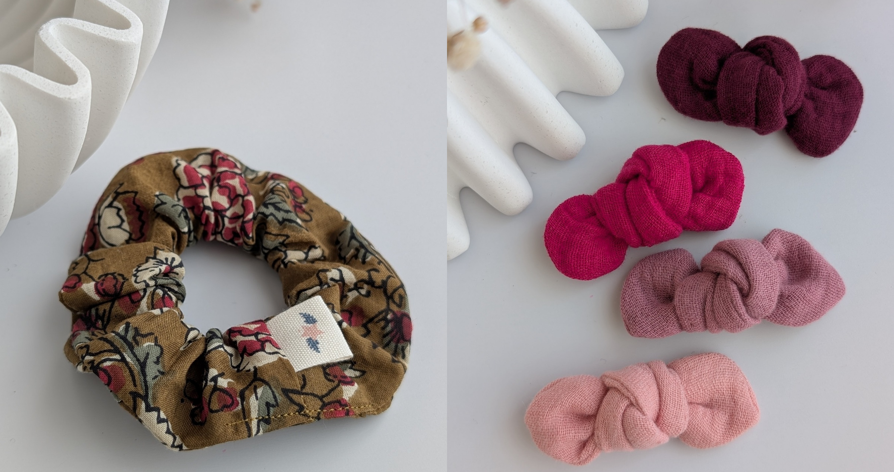 chouchou imprimé floral indien et noeud Romie nuances de rose sur barrette créations artisanales pour femme et enfant La Tête dans les Nétoiles