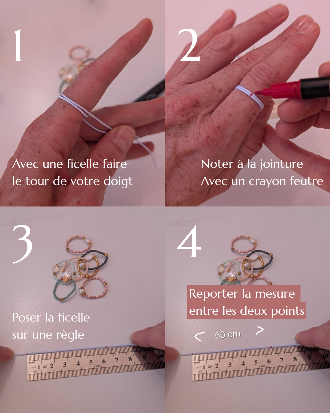 note explicative pour prendre mesure doigts. Créations artisanales la Tête dans les Nétoiles