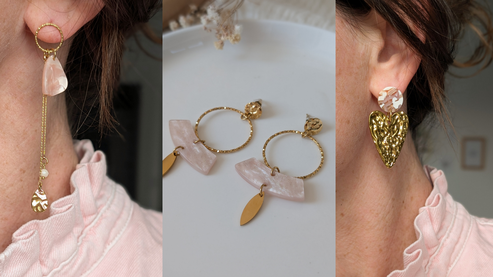 3 Boucles d'oreilles en acier inoxydable doré et acétate de cellulose portés par une femme et posé. Créations fait main La Tête dans les Nétoiles