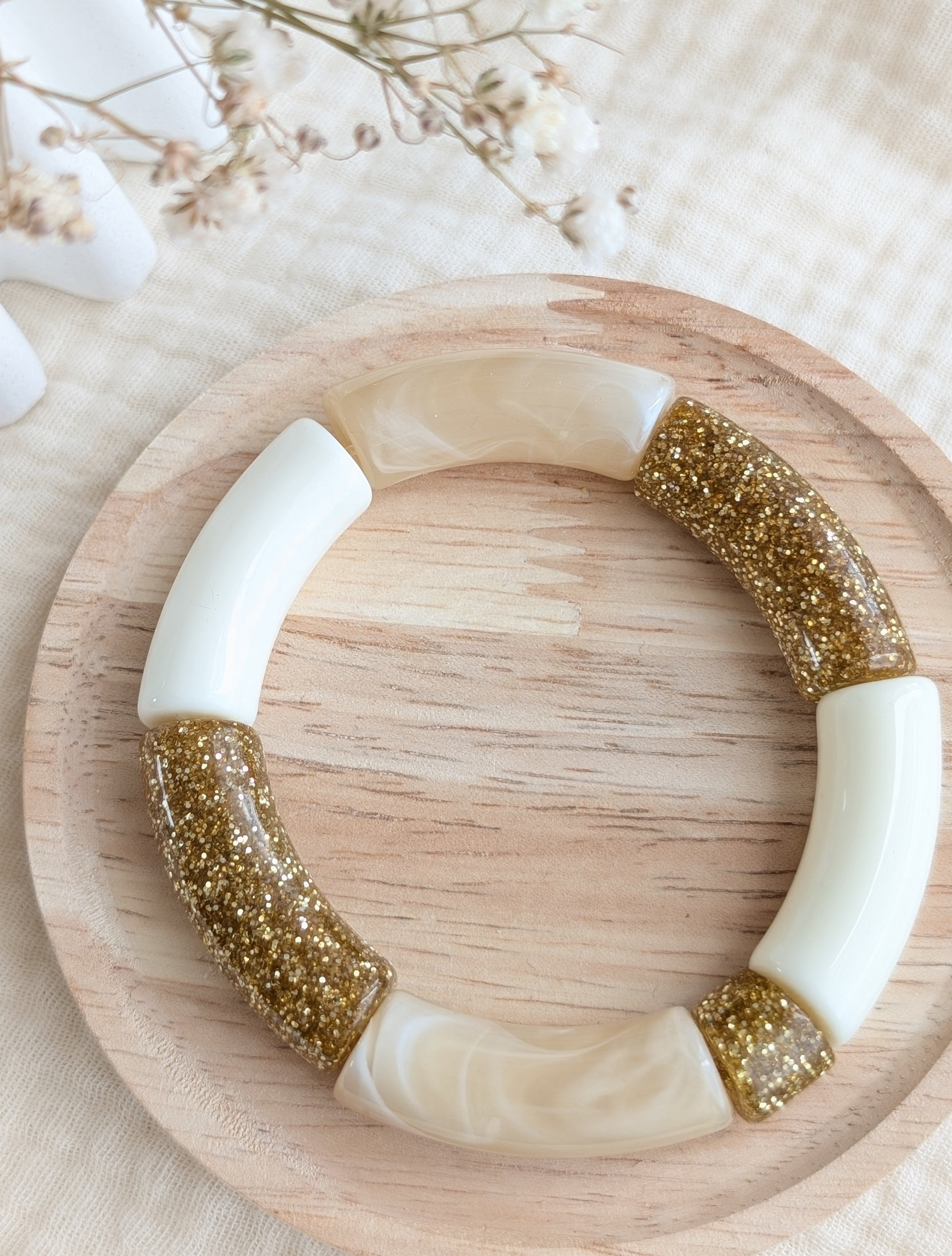 Bracelet perles tube MONA écru beige et glitter