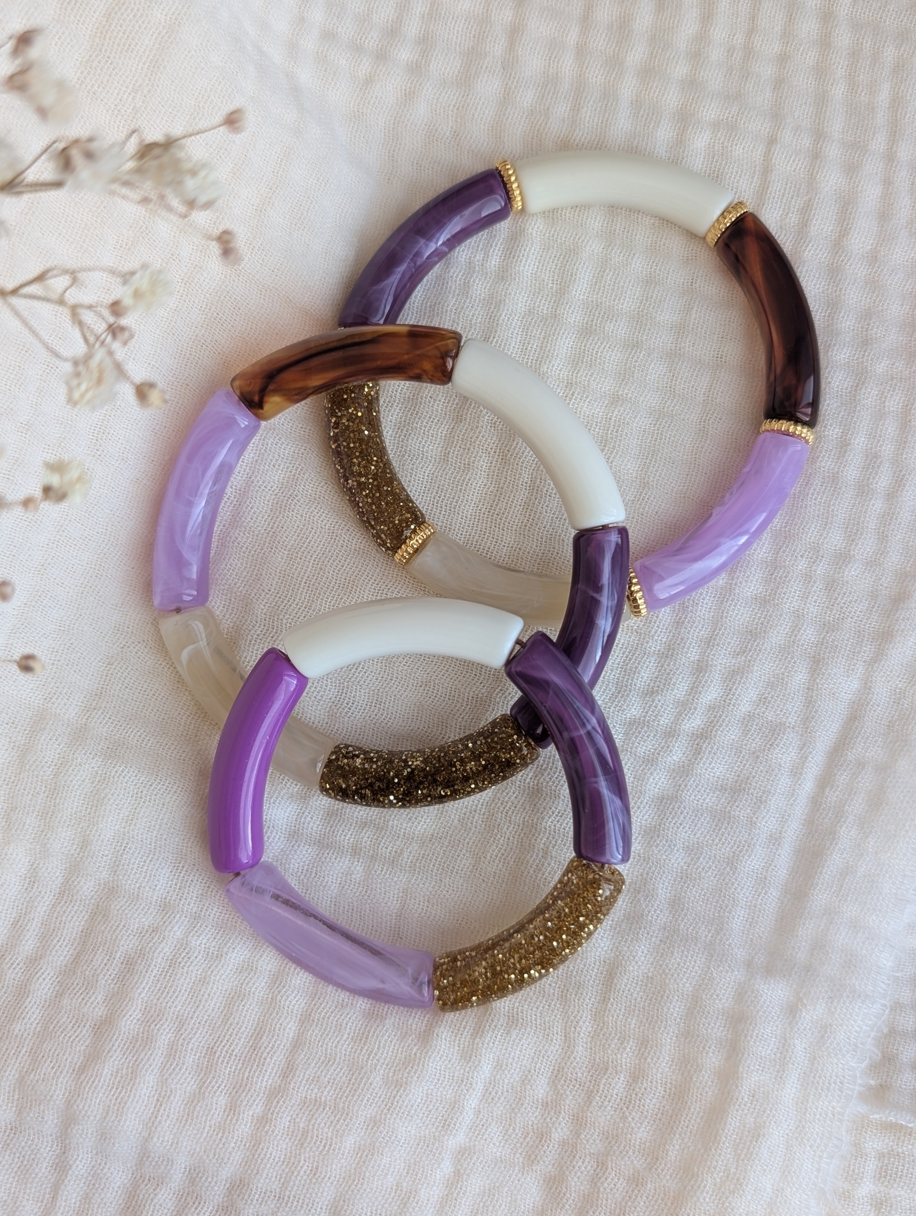 Trio de bracelets taille adulte taille enfant tons de violet. Perles tube. Créations La Tête dans les Nétoiles