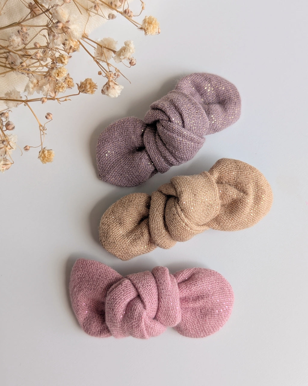 trio de gaze de coton à paillettes lilas rose clair et camel. Créations artisanales La Tête dans les Nétoiles